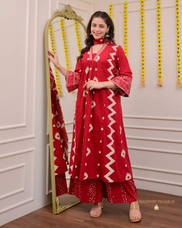 Red A Line Geometric Cotton Suit