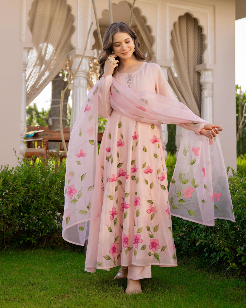 Blossom Pink Floral Mul Chanderi Festive Suit