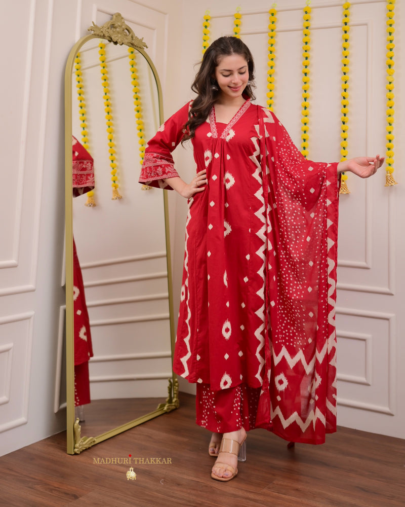 Red A Line Geometric Cotton Suit