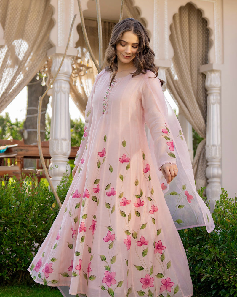 Blossom Pink Floral Mul Chanderi Festive Suit