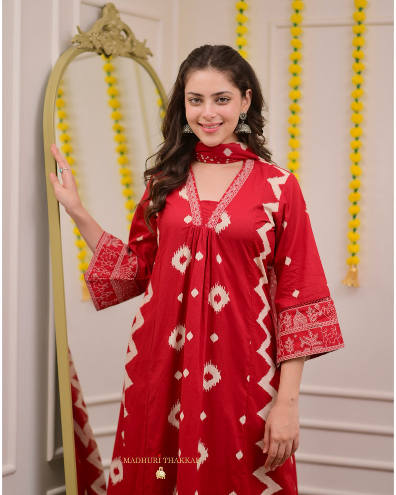 Red A Line Geometric Cotton Suit