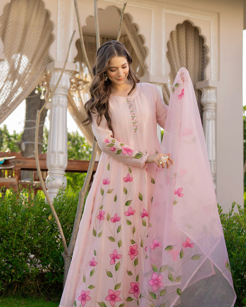 Blossom Pink Floral Mul Chanderi Festive Suit
