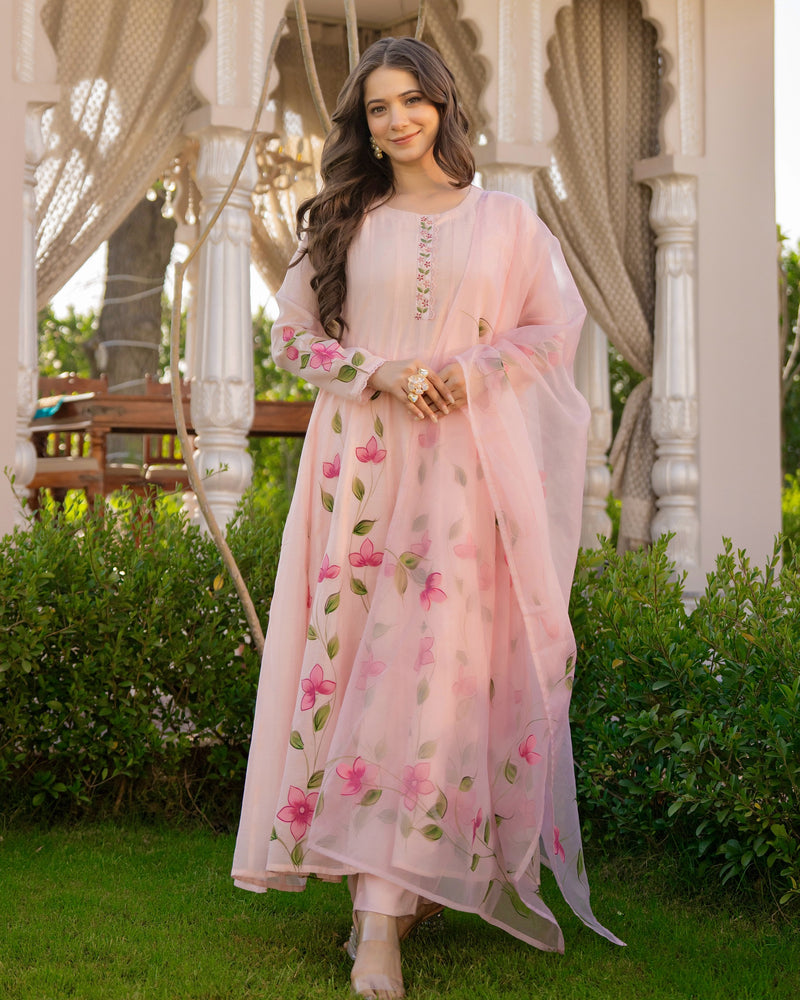 Blossom Pink Floral Mul Chanderi Festive Suit