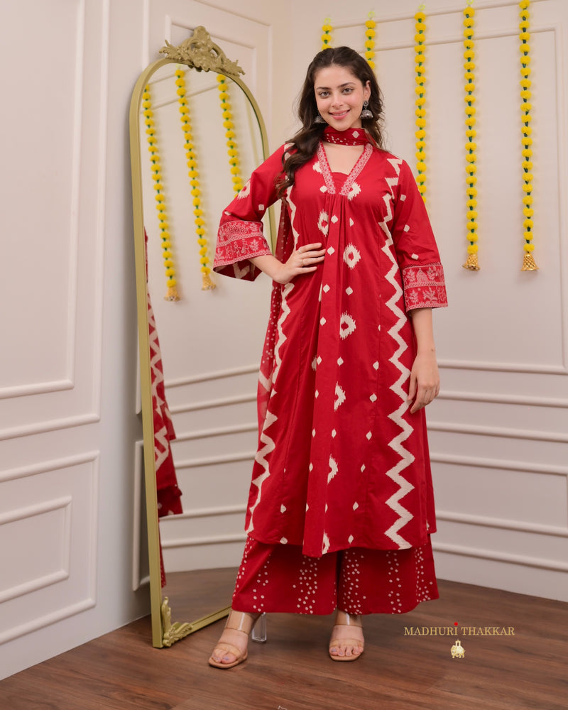 Red A Line Geometric Cotton Suit
