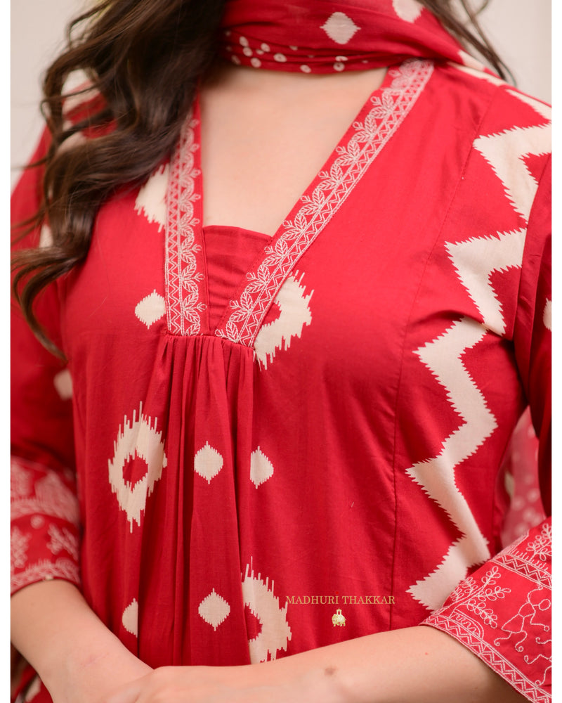 Red A Line Geometric Cotton Suit