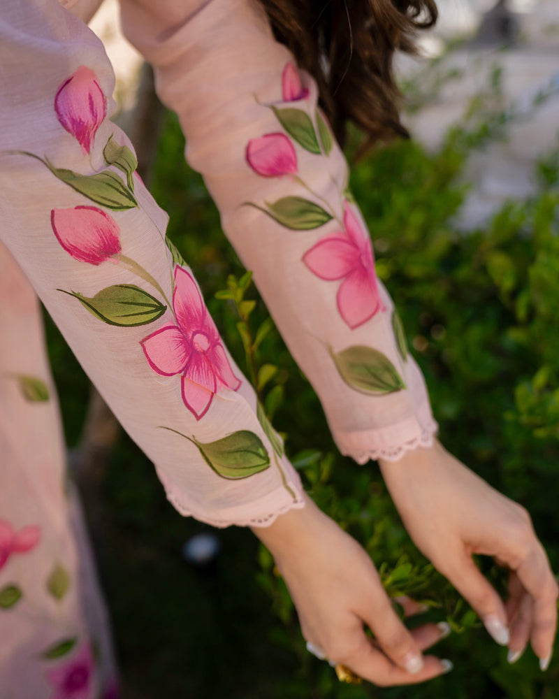 Blossom Pink Floral Mul Chanderi Festive Suit