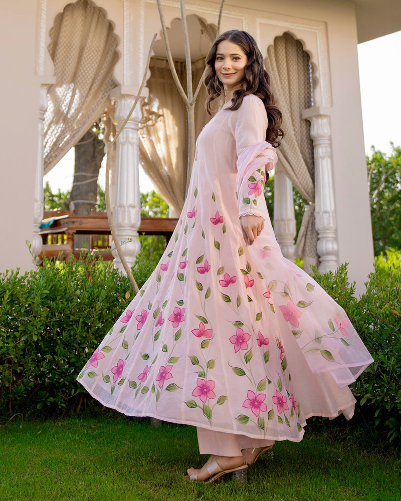 Blossom Pink Floral Mul Chanderi Festive Suit