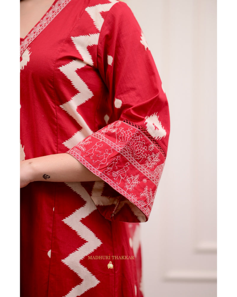 Red A Line Geometric Cotton Suit