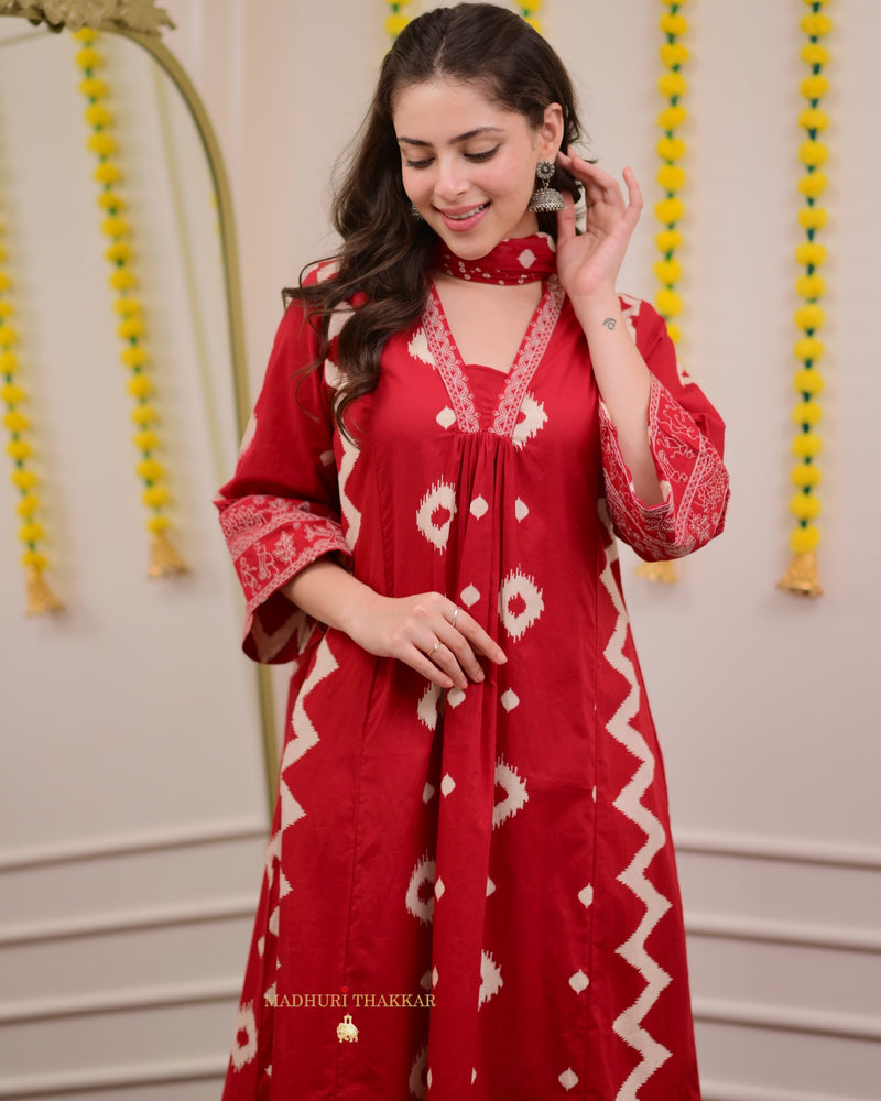 Red A Line Geometric Cotton Suit