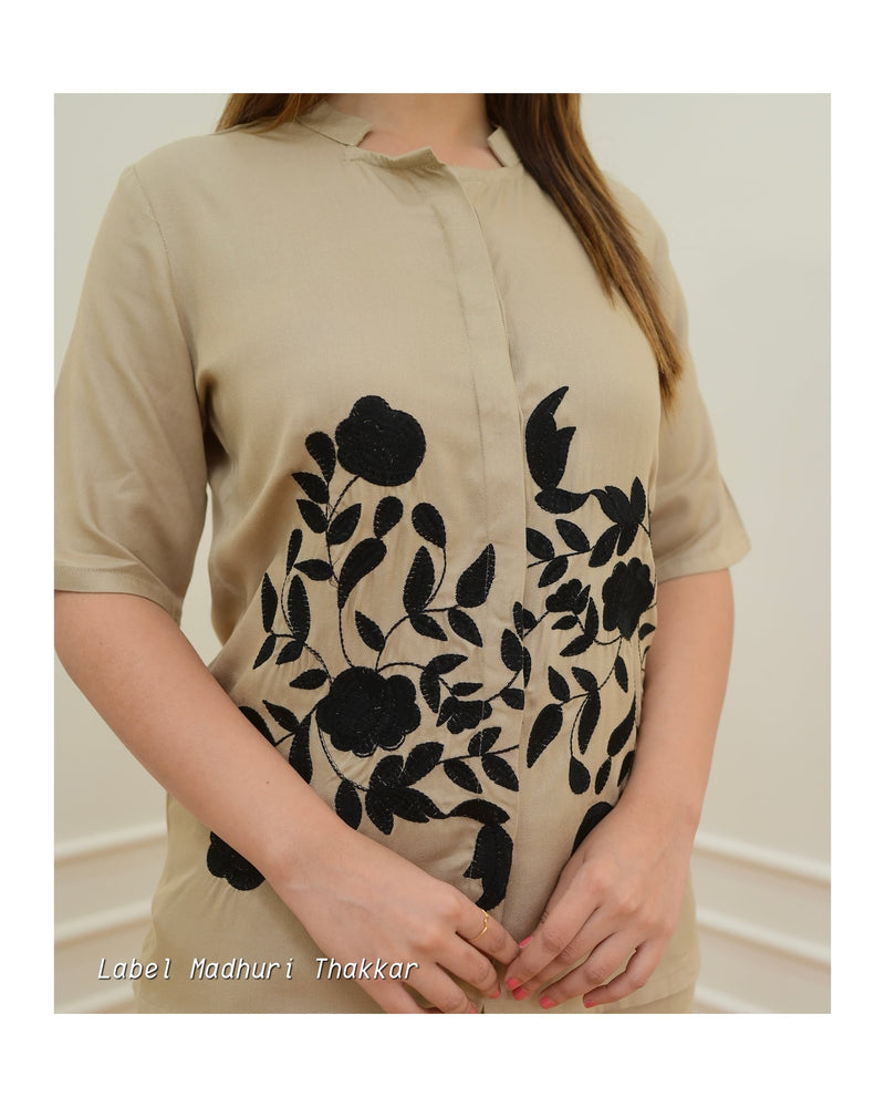 Beige Thread Embroidered Co-ord