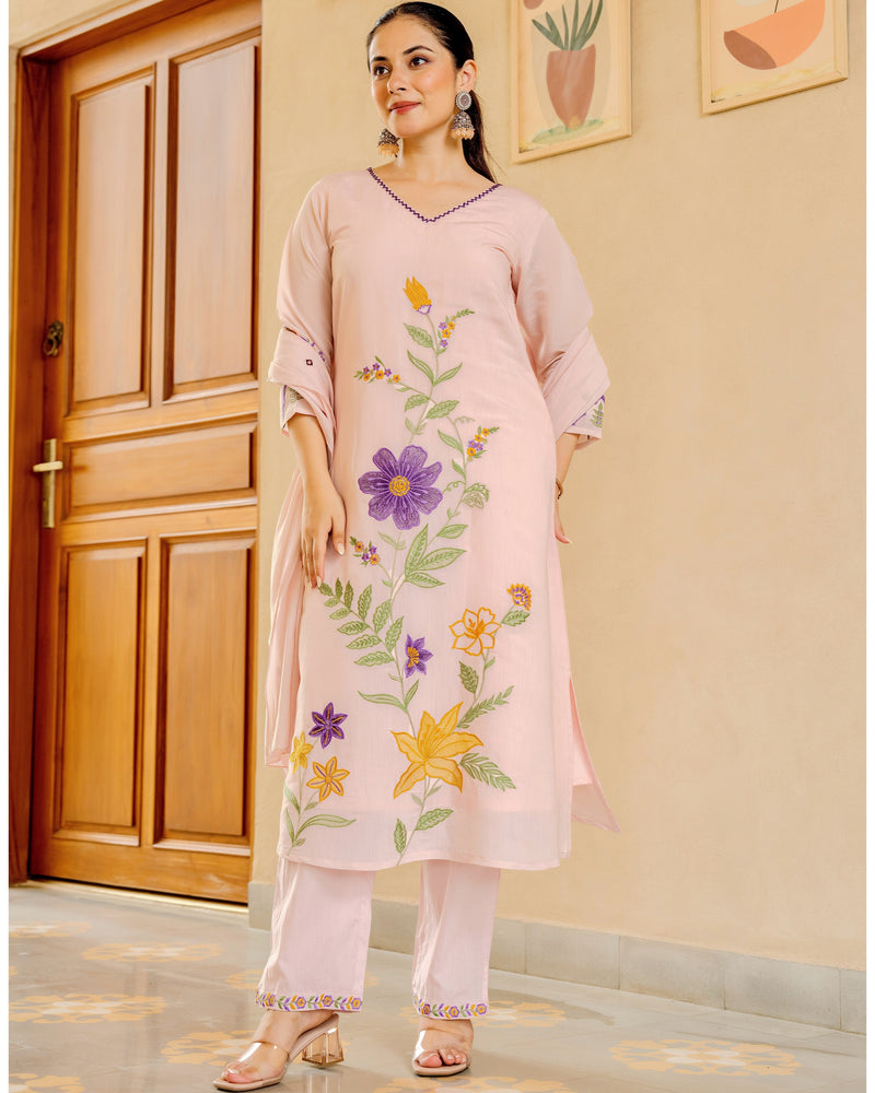 Blush Bloom Threaded Mul Chanderi A Line Suit