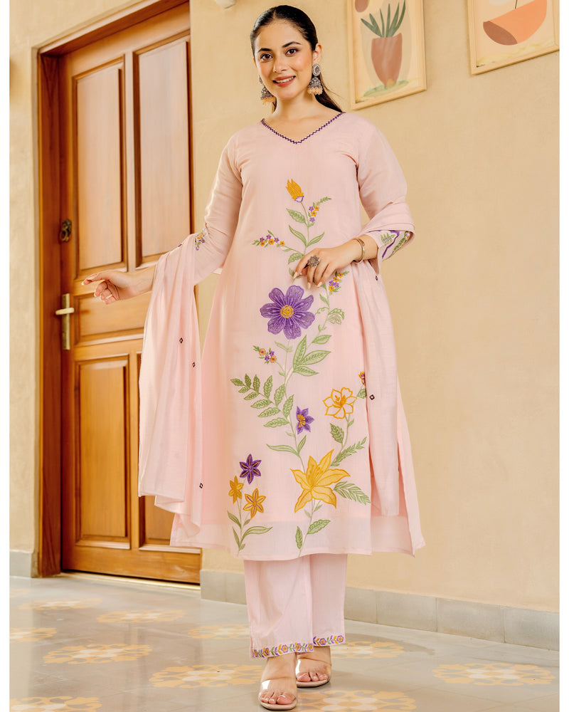 Blush Bloom Threaded Mul Chanderi A Line Suit