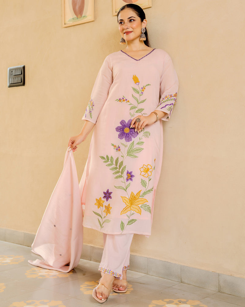 Blush Bloom Threaded Mul Chanderi A Line Suit
