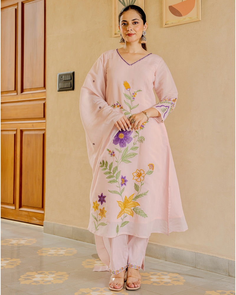 Blush Bloom Threaded Mul Chanderi A Line Suit