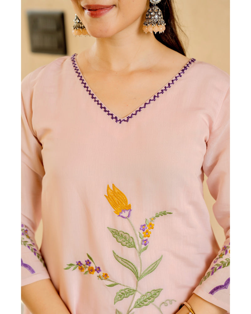 Blush Bloom Threaded Mul Chanderi A Line Suit