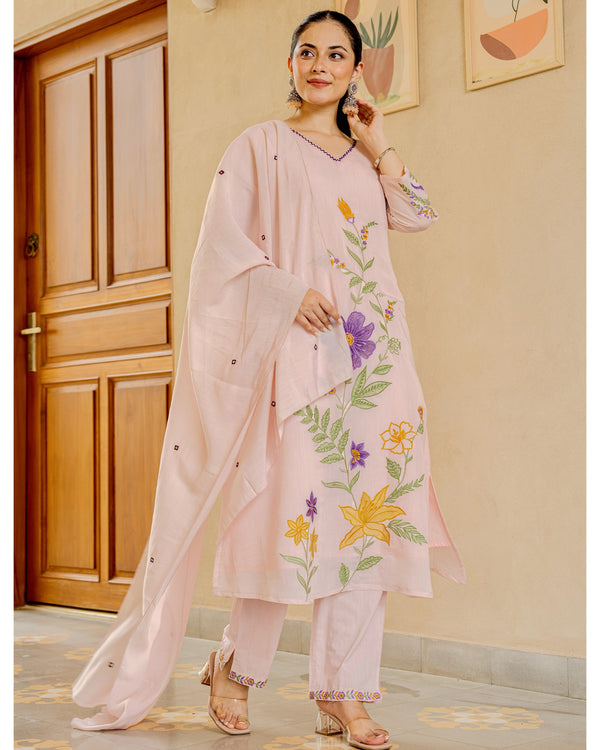 Blush Bloom Threaded Mul Chanderi A Line Suit
