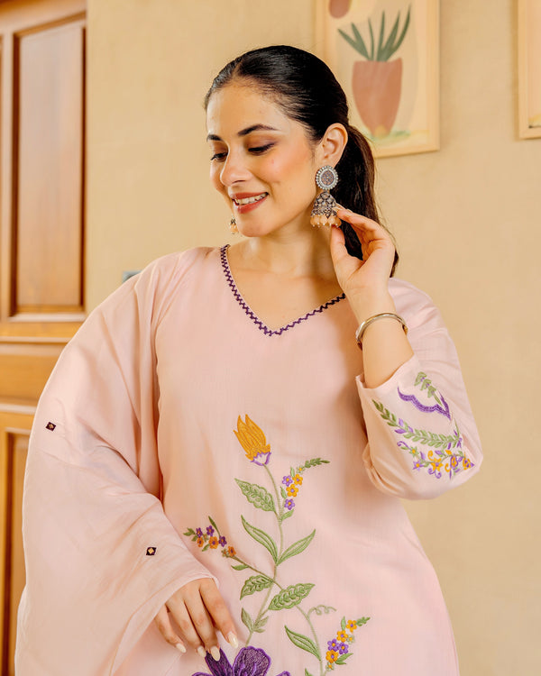 Blush Bloom Threaded Mul Chanderi A Line Suit