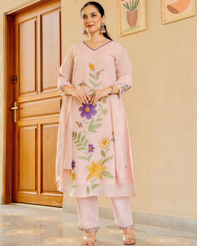 Blush Bloom Threaded Mul Chanderi A Line Suit