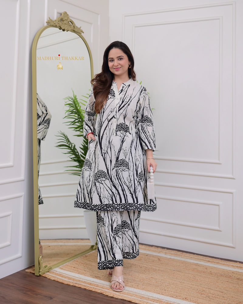 Ivory Black Aline Printed Sequin Cotton Co-ord