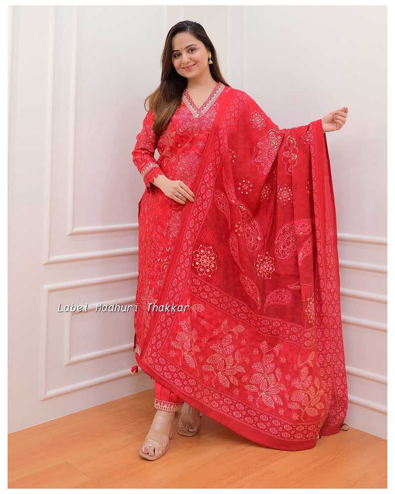 Red Floral Muslin Afghani Suit