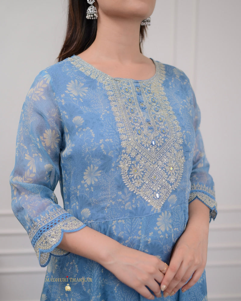 Blue Handwork Organza Anarkali