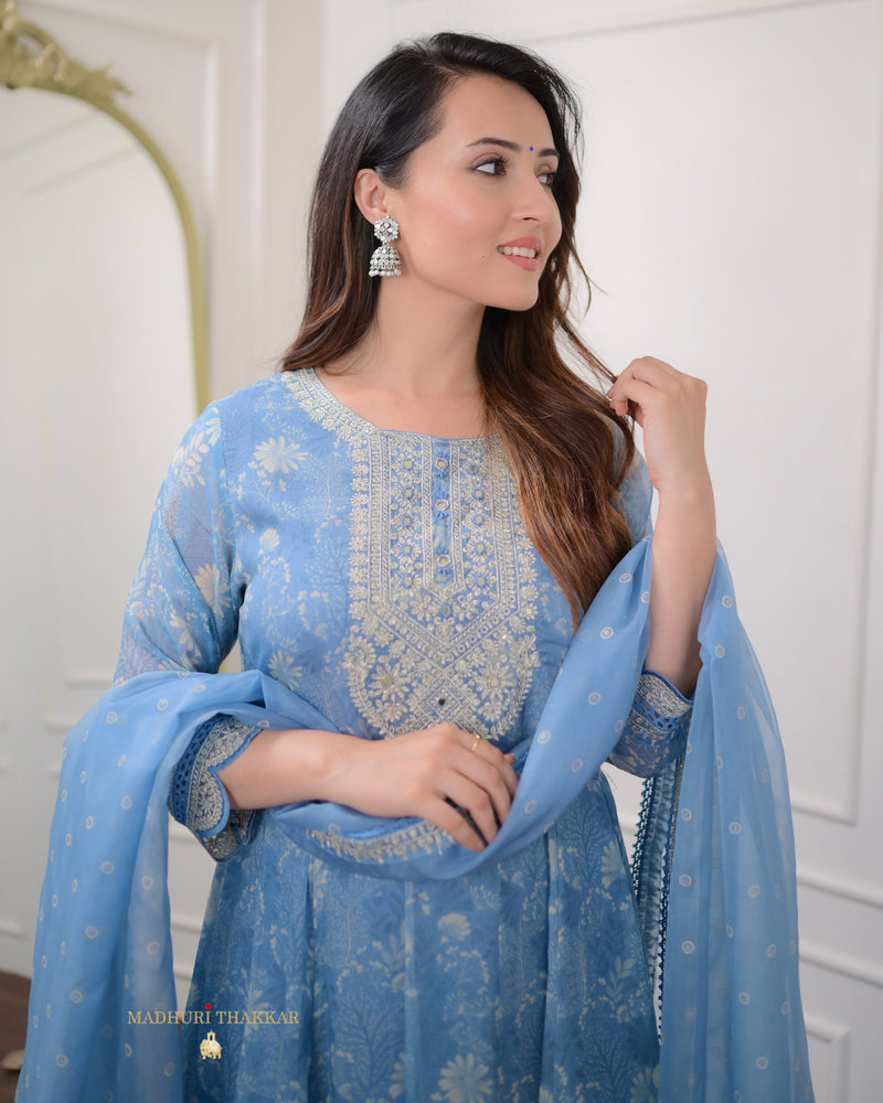 Blue Handwork Organza Anarkali