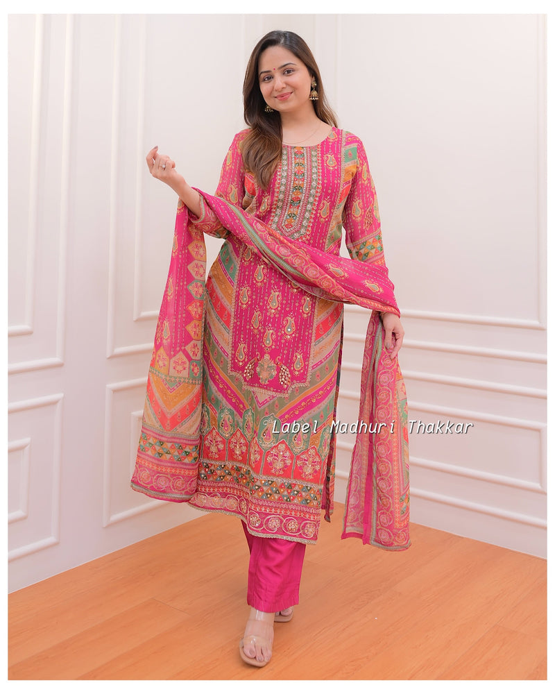 Pink Multi Handwork Organza Suit