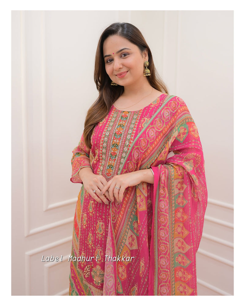 Pink Multi Handwork Organza Suit
