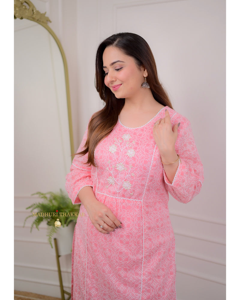 Pink Pearlwork Mul Cotton Suit