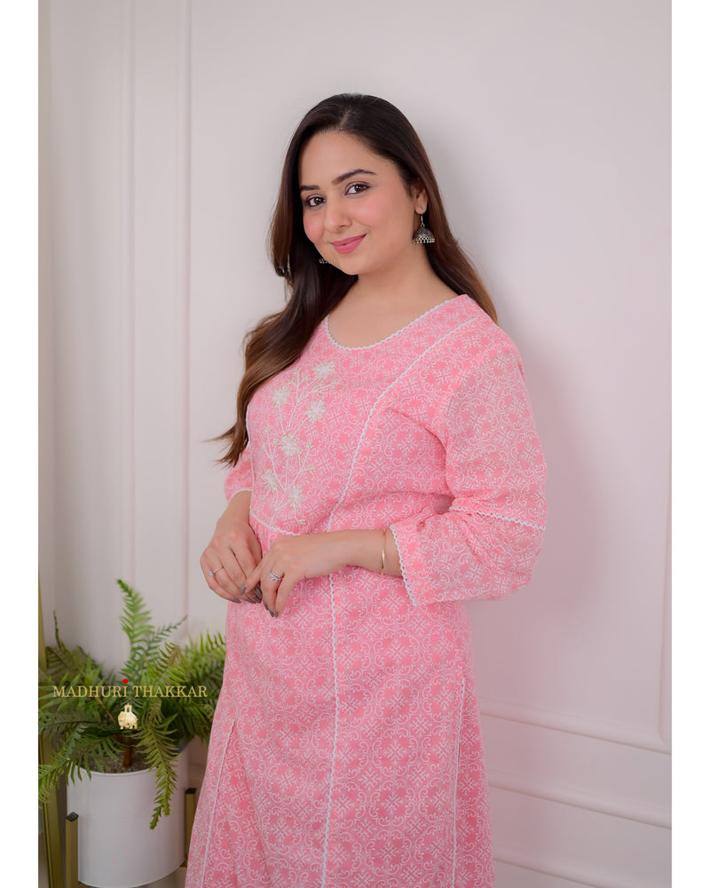 Pink Pearlwork Mul Cotton Suit
