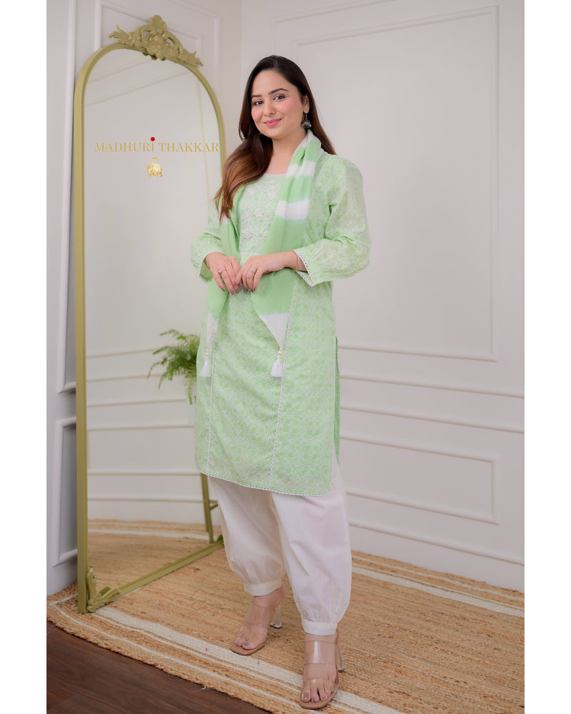Green Pearlwork Mul Cotton Suit
