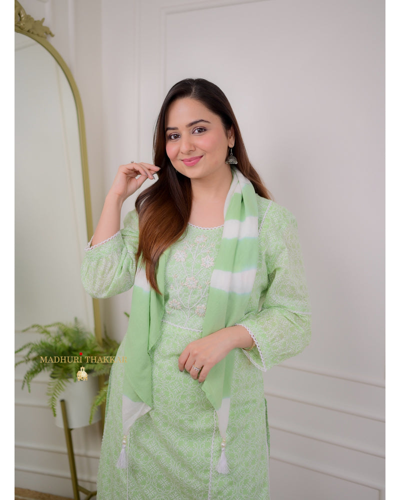 Green Pearlwork Mul Cotton Suit