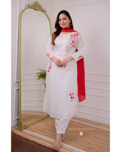 White Red Threadwork Mul Cotton Suit
