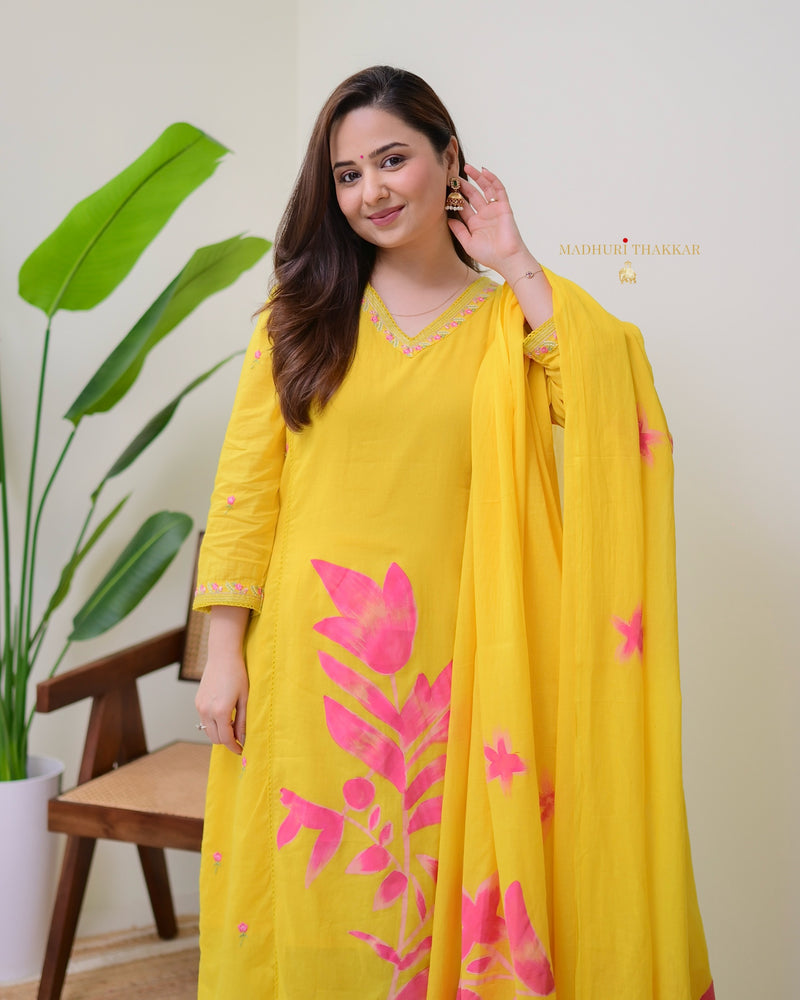 Yellow Pink Floral Mul Cotton Afghani Suit