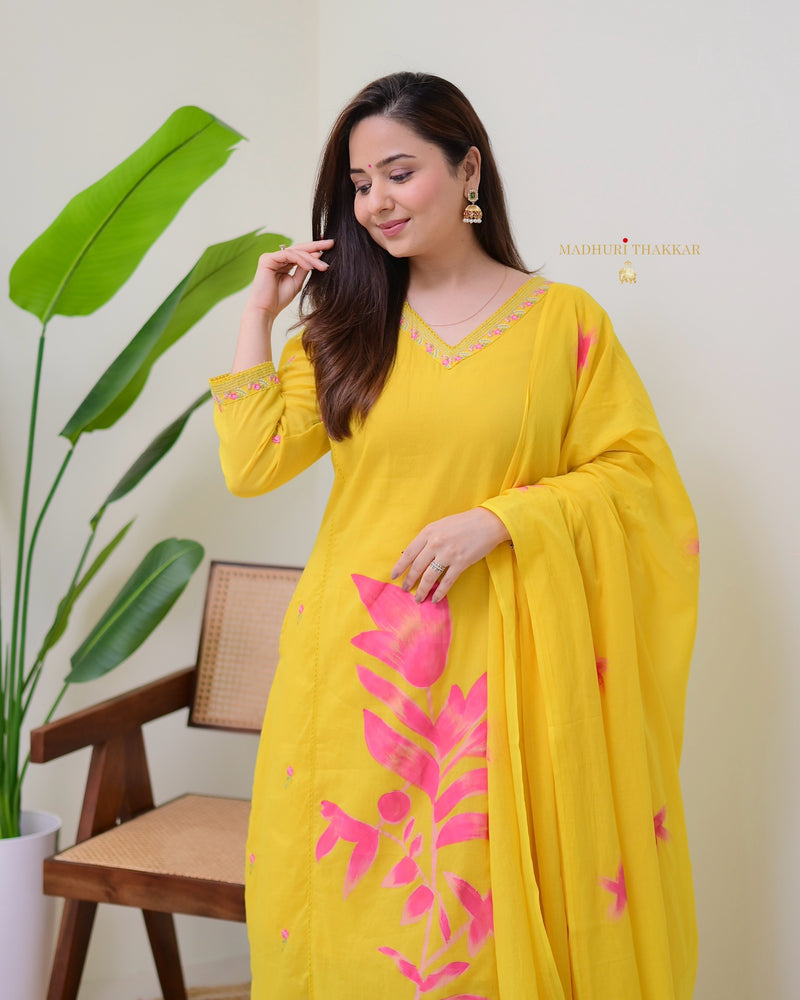 Yellow Pink Floral Mul Cotton Afghani Suit