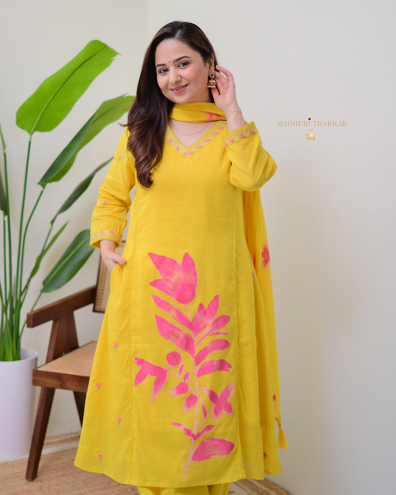 Yellow Pink Floral Mul Cotton Afghani Suit