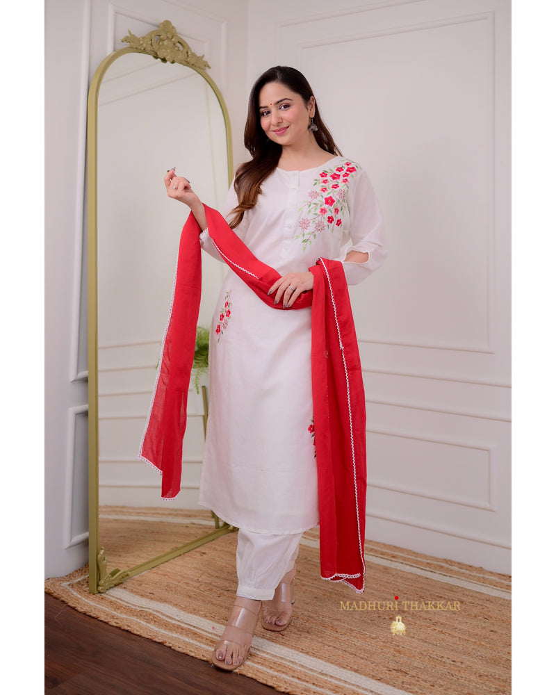 White Red Threadwork Mul Cotton Suit