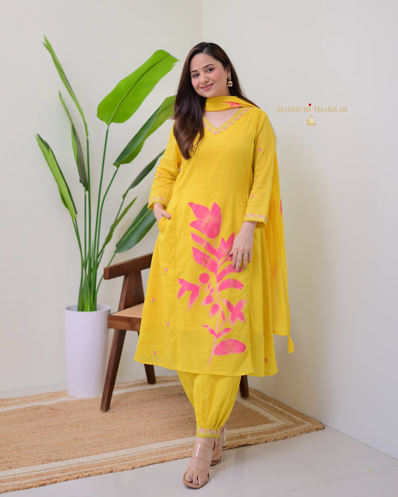 Yellow Pink Floral Mul Cotton Afghani Suit