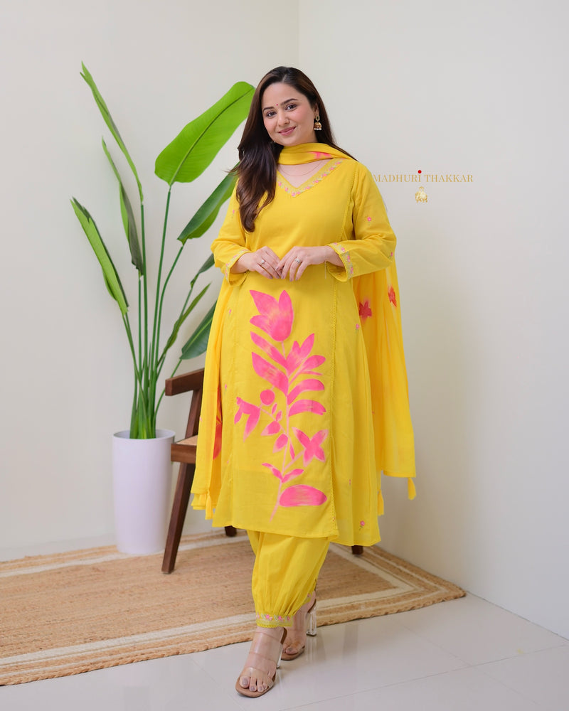 Yellow Pink Floral Mul Cotton Afghani Suit