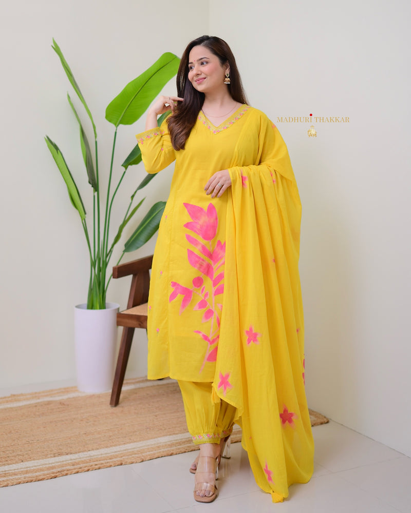 Yellow Pink Floral Mul Cotton Afghani Suit