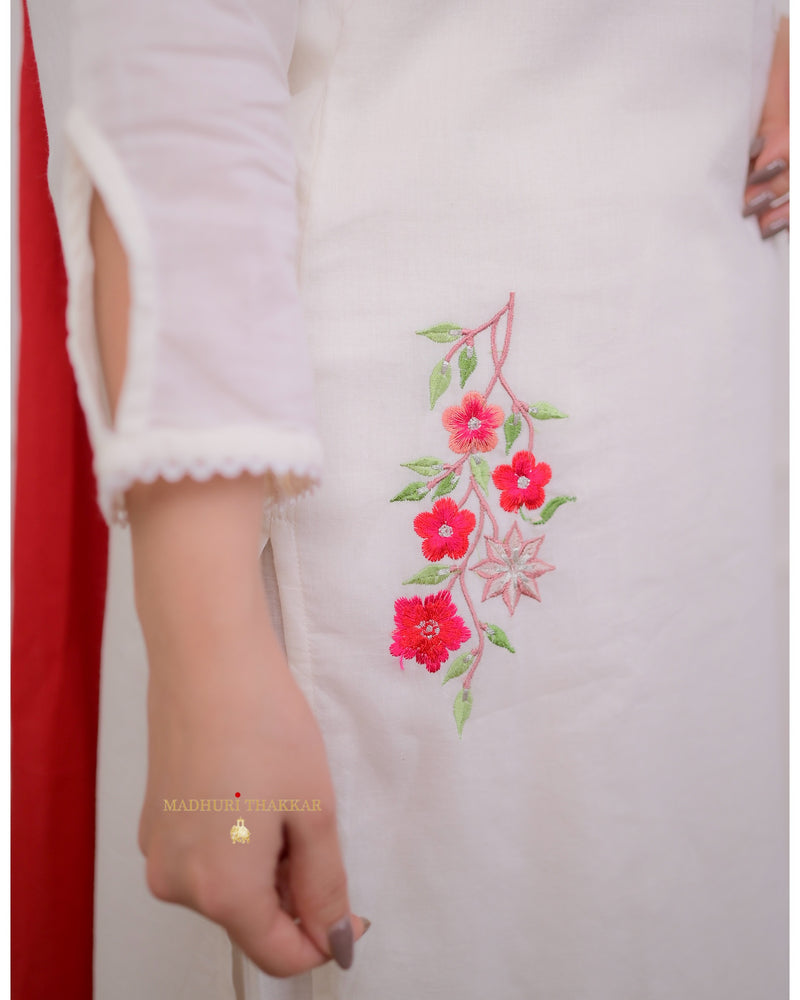White Red Threadwork Mul Cotton Suit