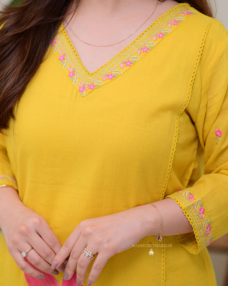 Yellow Pink Floral Mul Cotton Afghani Suit