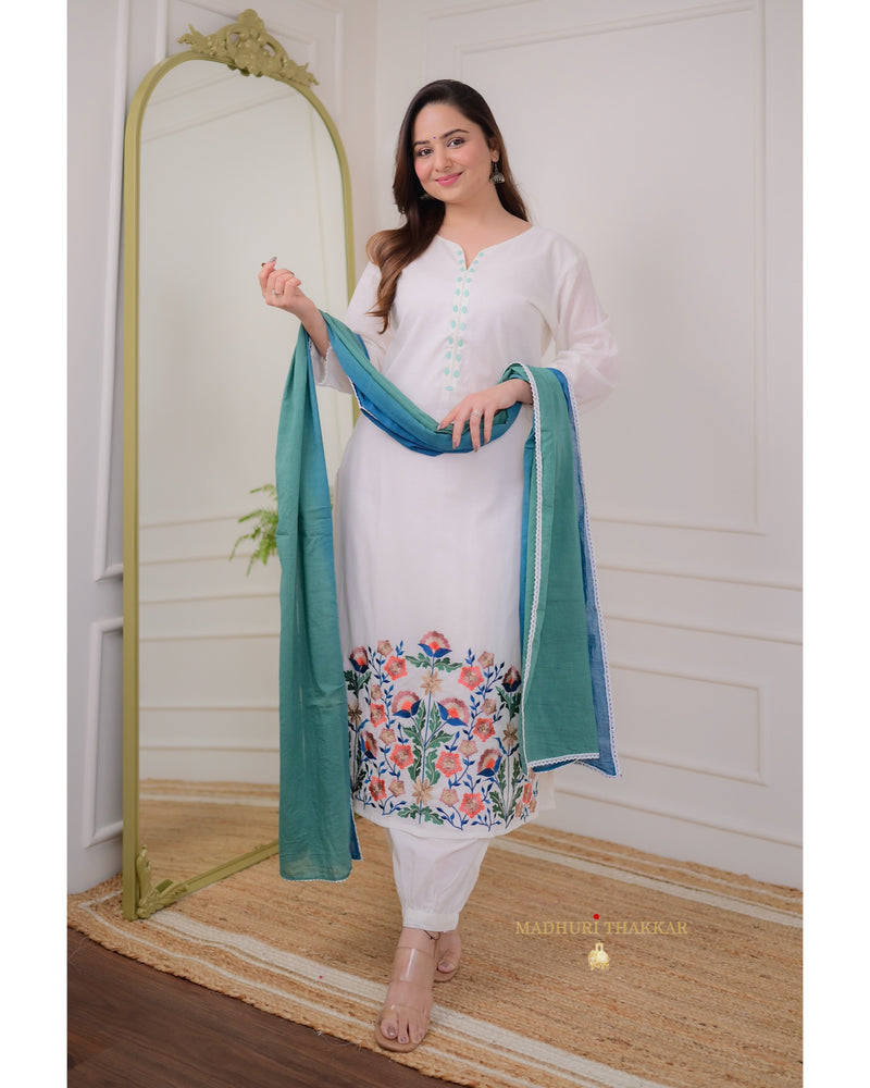 White Blue Threadwork Mul Cotton Suit