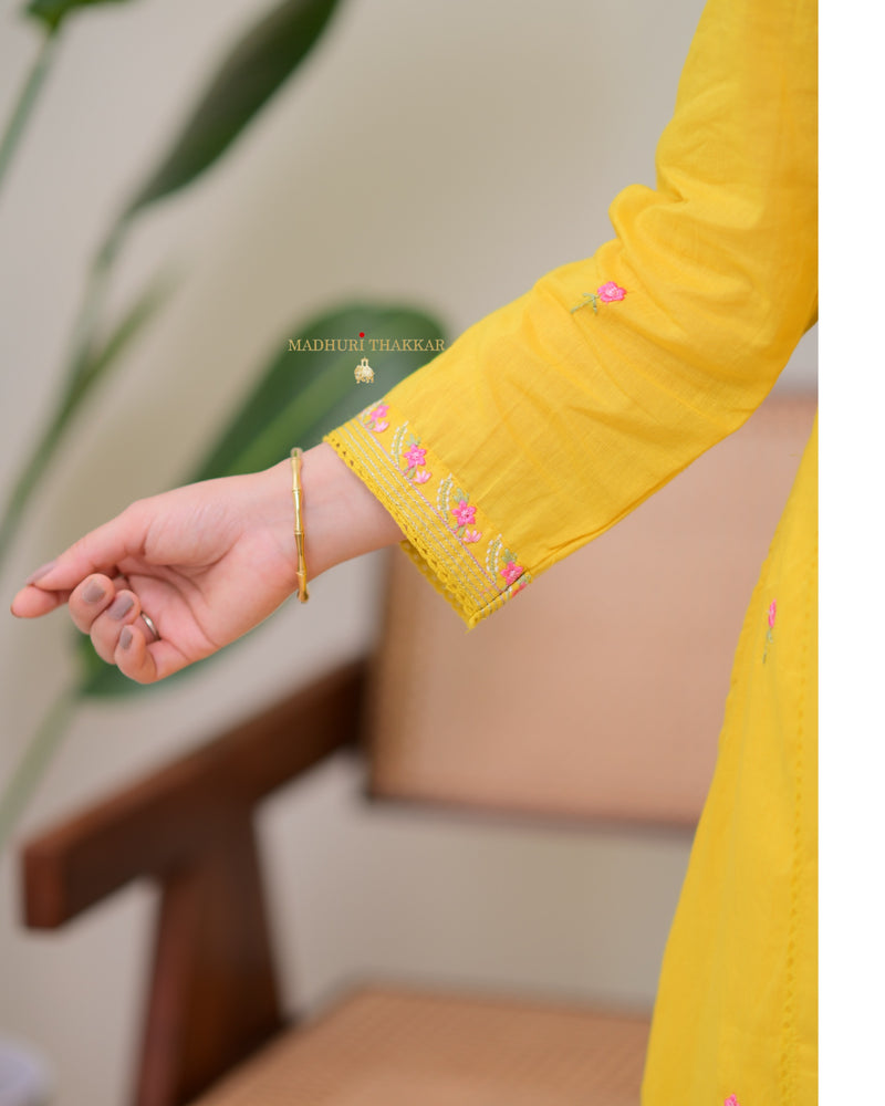 Yellow Pink Floral Mul Cotton Afghani Suit