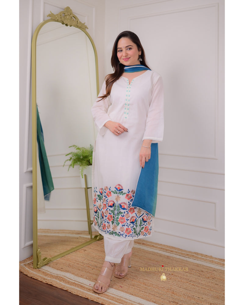 White Blue Threadwork Mul Cotton Suit