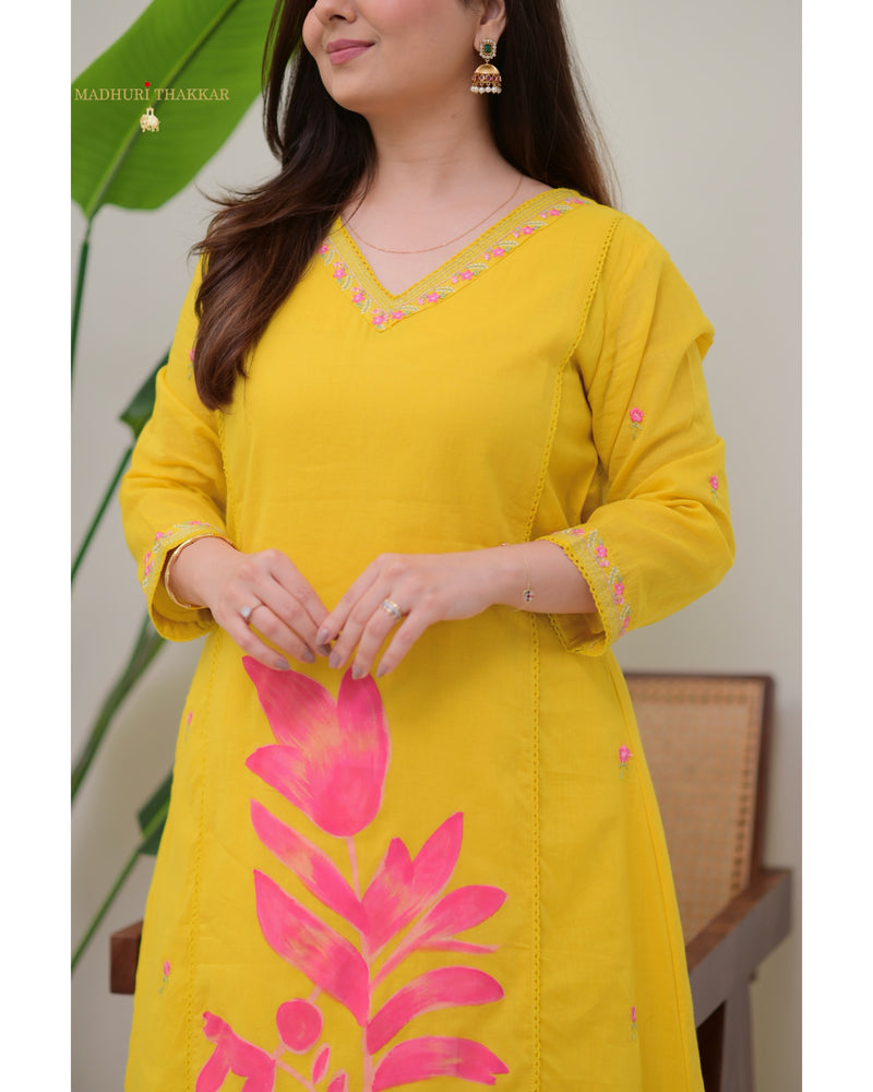 Yellow Pink Floral Mul Cotton Afghani Suit