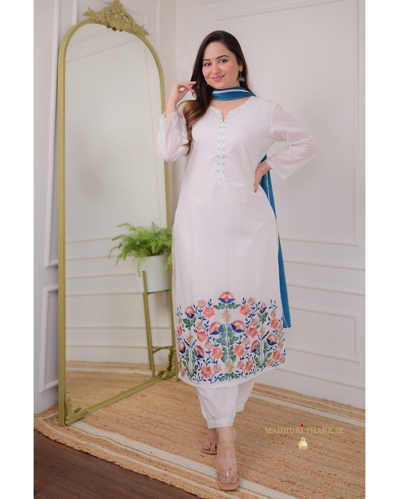 White Blue Threadwork Mul Cotton Suit