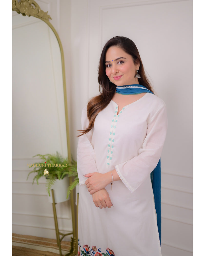 White Blue Threadwork Mul Cotton Suit