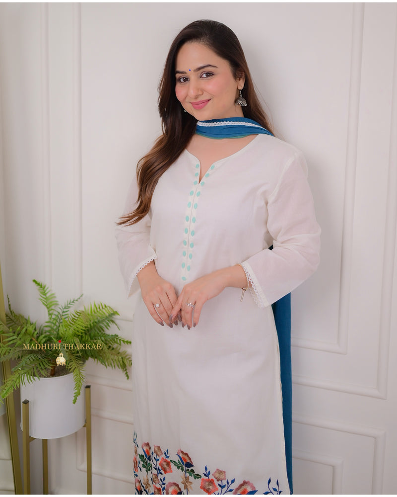 White Blue Threadwork Mul Cotton Suit