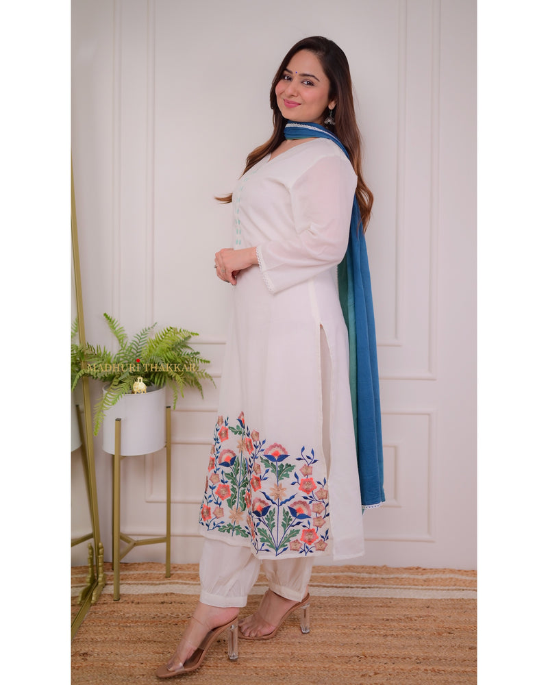 White Blue Threadwork Mul Cotton Suit
